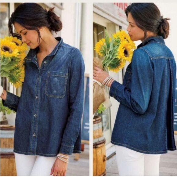 Soft Surroundings Peggy Distressed Denim Blue Blouse Shacket Topper Size Small - Picture 1 of 9